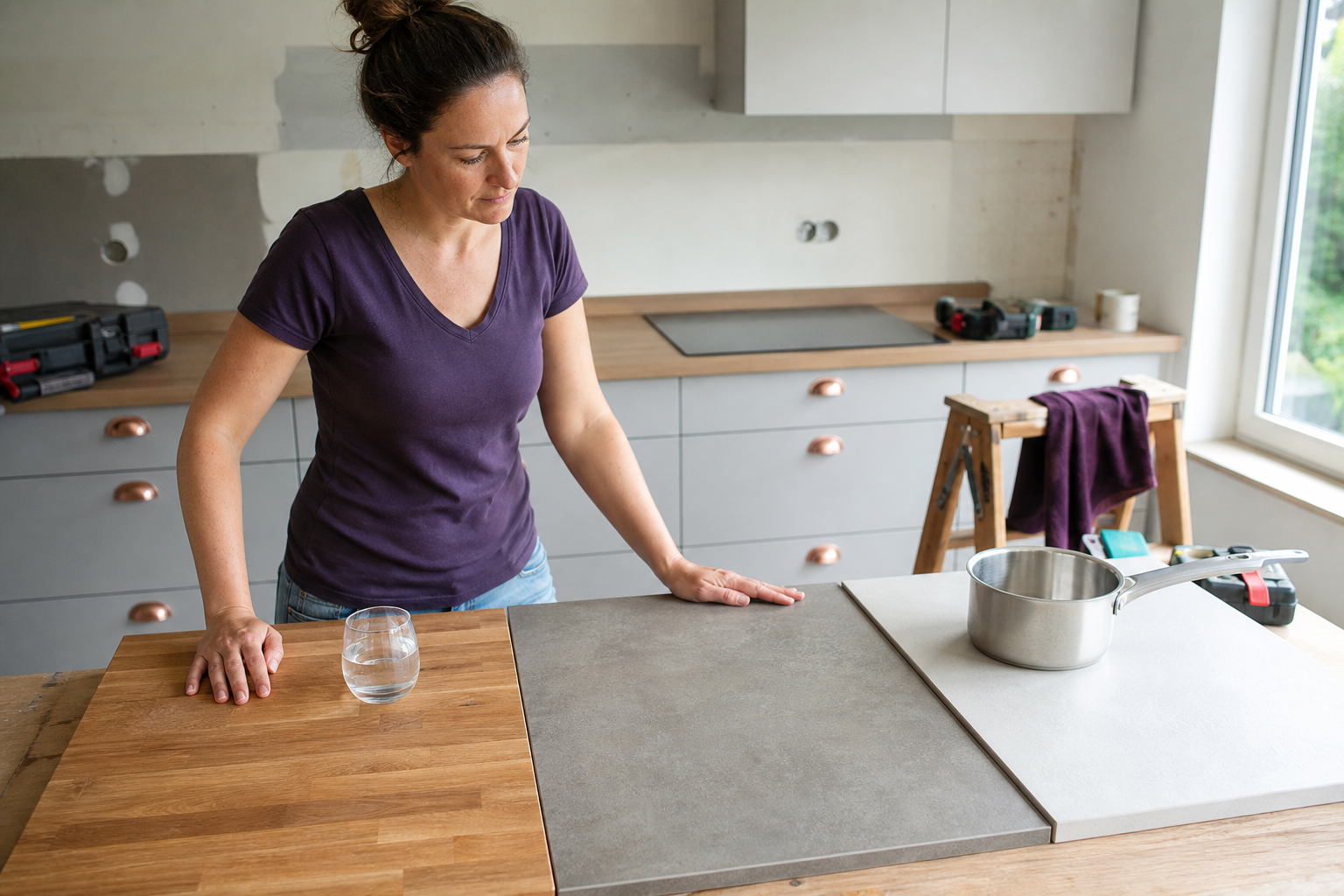 Drei Küchenarbeitsplatten aus Holz, Kompaktlaminat und Keramik im direkten Vergleich