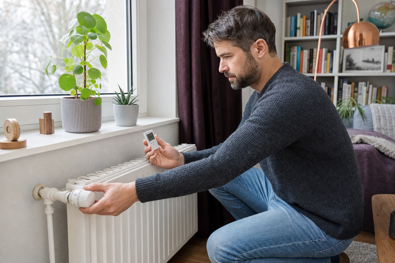 Ein Bewohner stellt das Thermostat an einem Heizkörper ein und prüft die Raumtemperatur